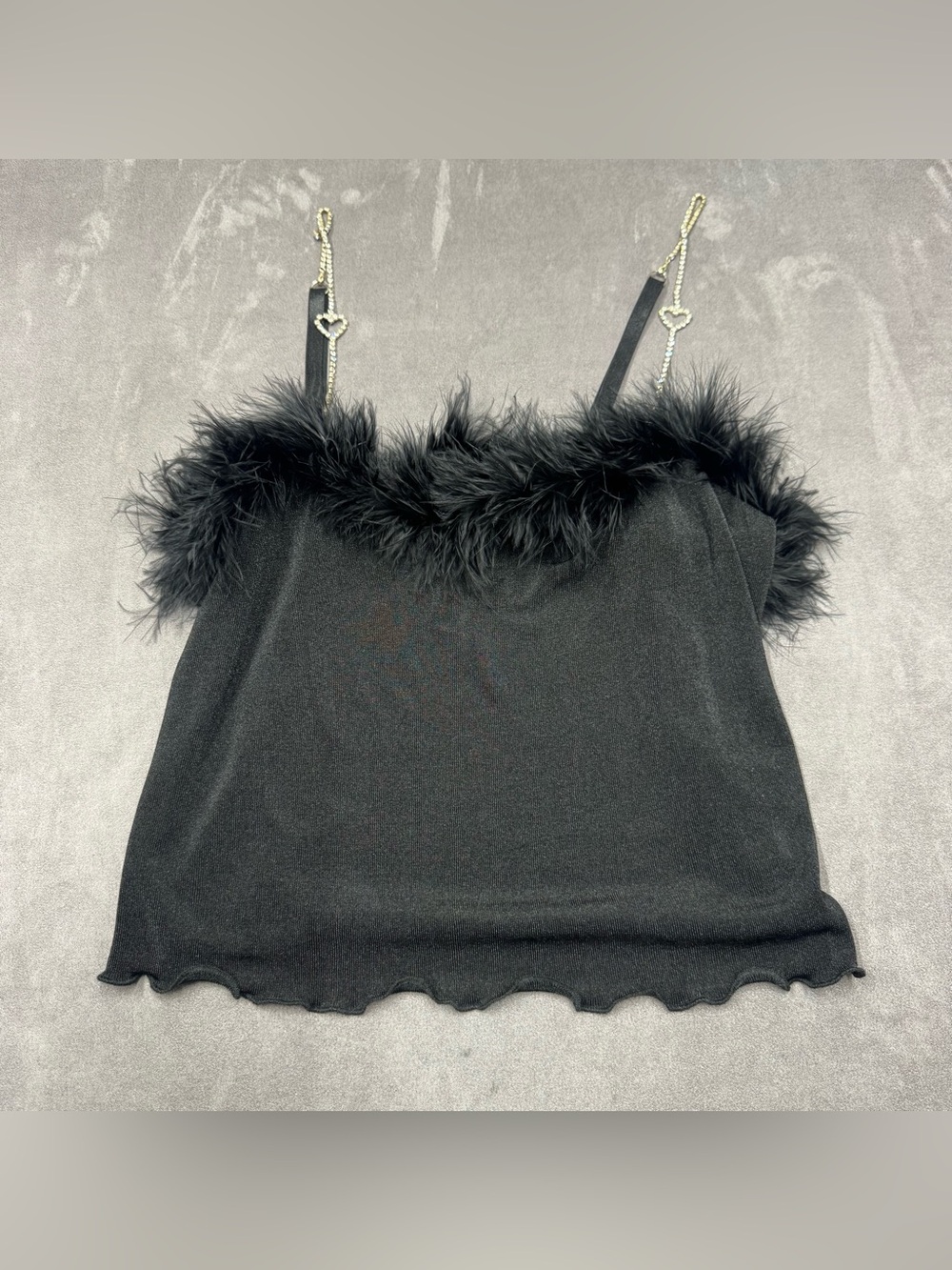 POSTER GRL Black Feather-Trim Cami with Rhinestone Heart Straps women’s XL Y2K